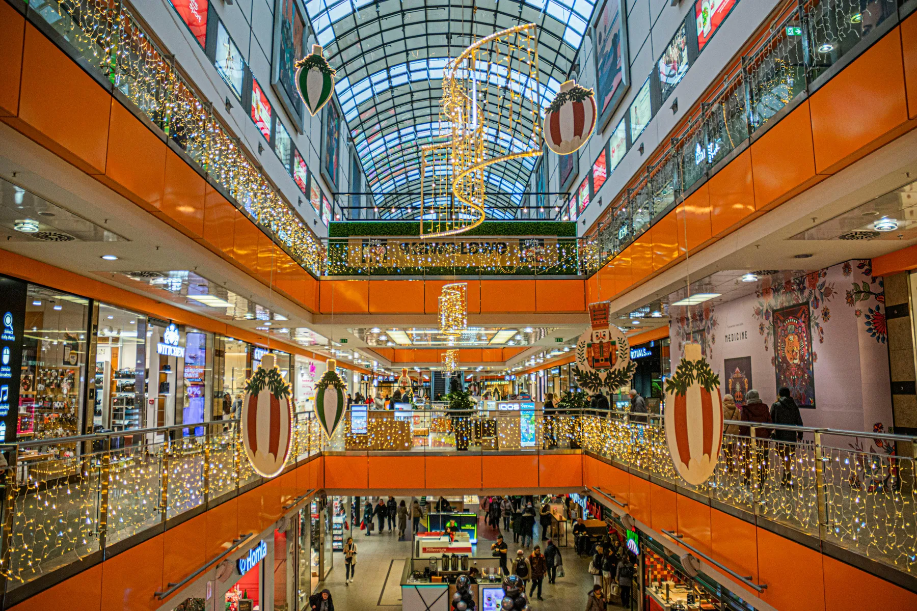 The interior atrium of a multi-level shopping centre